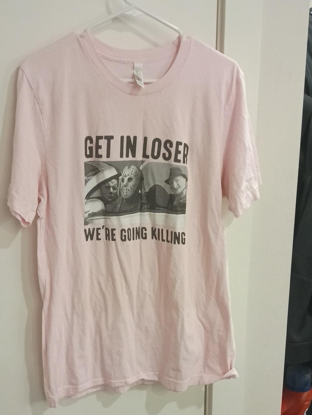 Bella Canvas Light Pink Graphic Tee with Black Horror Print